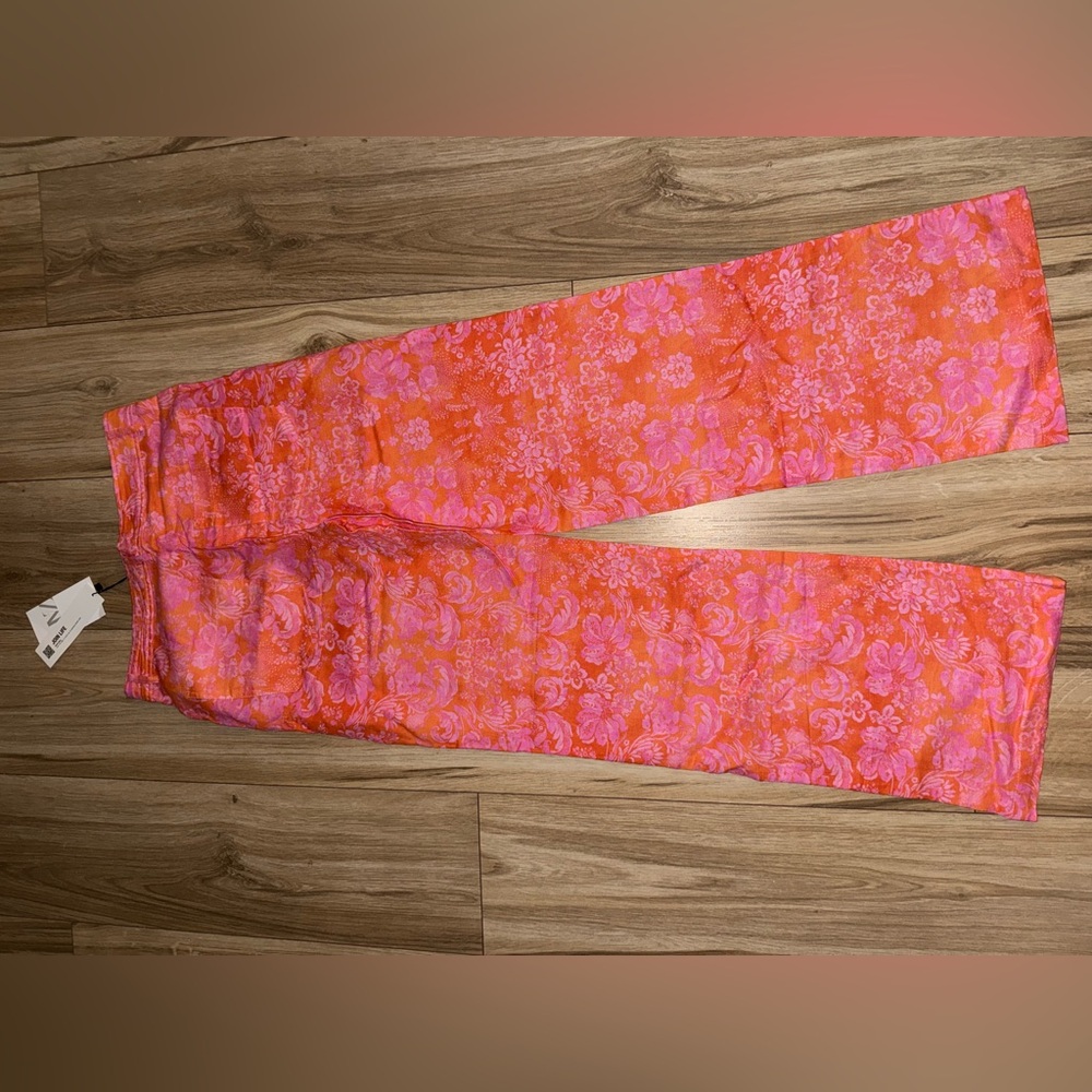 Zara Linen Floral Pink and Orange Women Pants